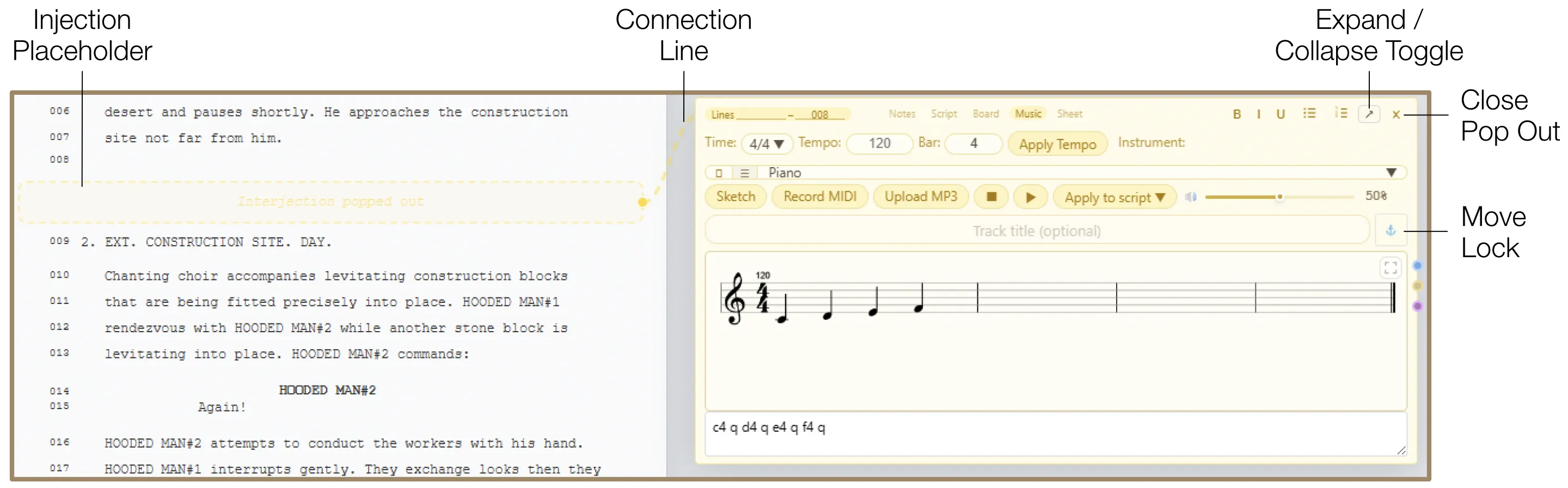 Music injection popped out with yellow dotted line connection to its script position